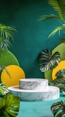 Obraz premium Modern decor with tropical plants and geometric shapes in a vibrant indoor setting