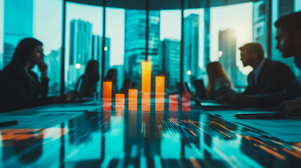 Professional business team working on a project together in the office Using innovation economic growth charts and network connections to accompany the data. in analyzing future trends