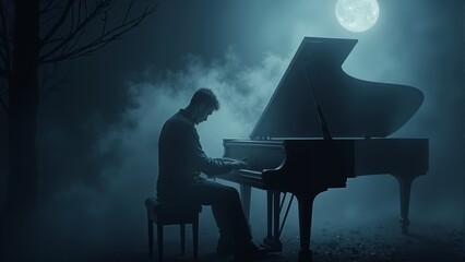 A solitary musician creates haunting melodies under a luminous full moon in a misty forest