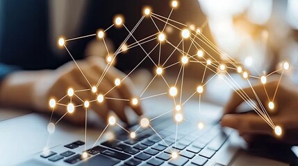 An illustration displays digital connections layered over a cityscape backdrop, emphasizing smart network technology under an evening sky