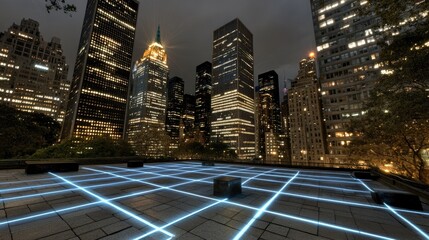 An illustration displays digital connections layered over a cityscape backdrop, emphasizing smart network technology under an evening sky