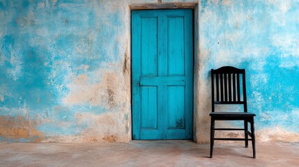 A black chair sitting in front of a blue door