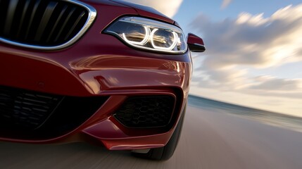Fototapeta premium A red car driving down a road next to the ocean