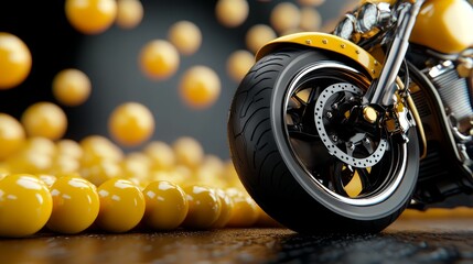 A motorcycle is parked in front of a bunch of yellow balls