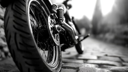 A black and white photo of a motorcycle parked on a cobblestone road