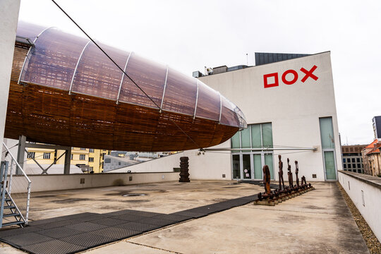 Exterior of Gulliver Airship, monumental architectural on the terrace of DOX Centre for contemporary art, Hole&scaron;ovice neighborhood, Prague, Czechia