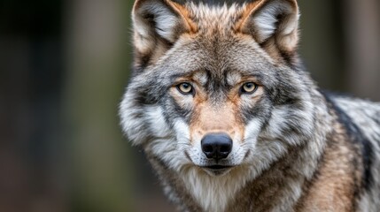  A close up of a wolf's face with blue eyes