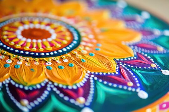 A detailed shot of a mandala painted in vivid colors.