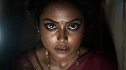 A woman in a red sari looking at the camera