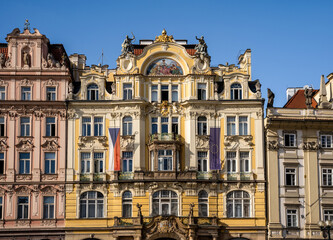 Facade of the Ministry of Regional Development (Former Prague City Insurance Company) built by Osvald Polivka, in Old Town Square (Czech: Staromestske namesti), Prague city center, Czechia 