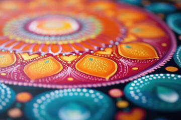 A detailed shot of a mandala painted in vivid colors.