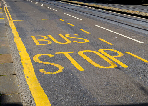 A yellow line with the word Bus Stop written in black