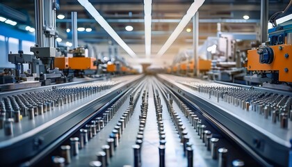 Fototapeta premium A modern CNC machining facility showcasing precision and efficiency, with advanced machinery and skilled operators working on intricate metal components in a clean, organized environment