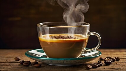 Steaming fragrant coffee in a glass cup on a rough wooden table. A refreshing drink to take a break from work