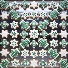 Fototapeta premium Overhead flat lay of festive holiday sugar cookies intricately decorated with green and white royal icing in snowflake, star, and Christmas tree shapes.