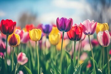 A field of tulips in full bloom, with rows of red, yellow, purple, and pink flowers stretching to the horizon. 