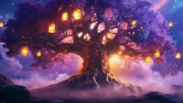 tree with lanterns hanging 