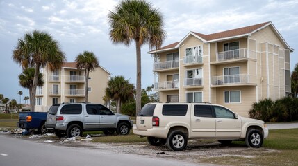 Obraz premium High winds from a hurricane have caused noticeable damage to apartment complex, with debris around parked vehicles.