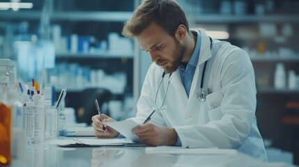 A doctor sitting in the laboratory and writing something down or reading with a sheet of paper in his hand with space for text or inscriptions