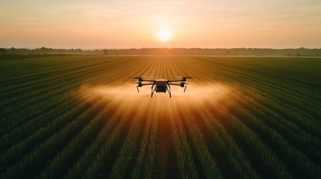 Drone spraying liquid over crops or green field with beautiful sunset in the background with space for text or inscriptions, front technologies in agriculture
