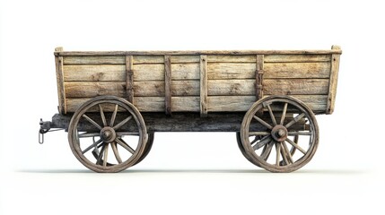 Fototapeta premium Old wooden horse carriage with wooden wheels isolated on white background close up 