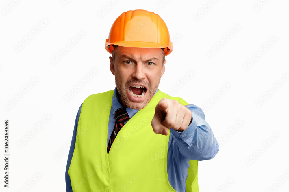 Poster angry construction worker shouting pointing finger looking at camera posing on white background. stu