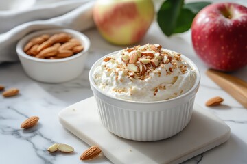 Delicious almond yogurt dessert topped with sliced nuts, fresh apples in background, healthy whipping cream treat concept