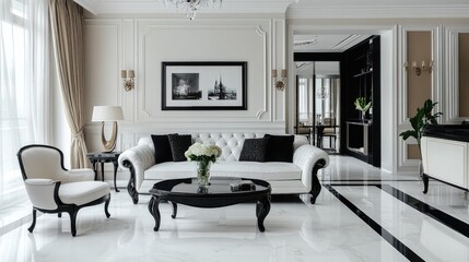 Fototapeta premium A modern living room with a white sofa, black coffee table, and white armchair, with white walls and a black and white picture on the wall.