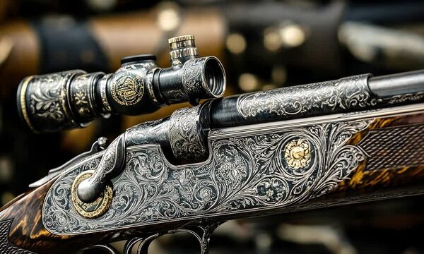 Intricate Engravings on Vintage Rifle Highlight Craftsmanship and Artistry in Detailed Close-Up