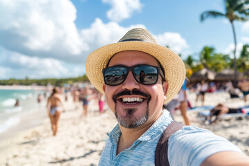 Man at the beach with a big smile, sunglasses and straw hat, enjoying tropical scenery on a sunny vacation day; capturing his relaxed and joyful experience.
