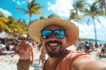 Man smiling at the beach, wearing sunglasses and a straw hat, enjoying a sunny day surrounded by palm trees, capturing the essence of relaxation and vacation.