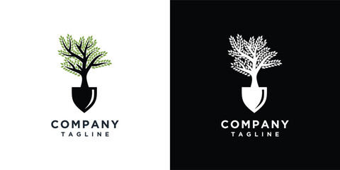 illustration of logo design of shovel tree. gardening logo concept shovel and nature tree