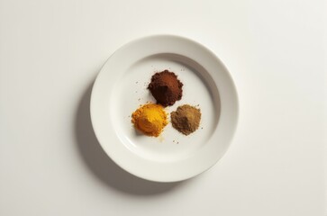 Trio of powdered spices on plate, concept of world flavors and cultural culinary tradition