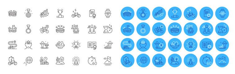 Fototapeta premium Yoga music, Winner cup and Basketball line icons pack. Hourglass timer, Winner reward, Arena stadium web icon. Bike path, E-bike, Certificate pictogram. Sports arena, Timer, Mountain flag. Vector