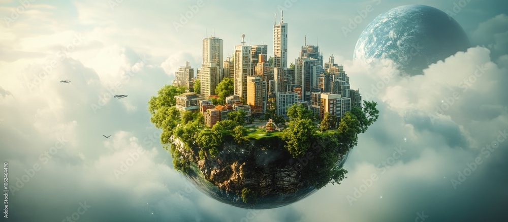 Poster a futuristic city built on a floating island above the clouds with a distant planet in the backgroun