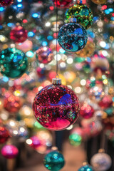 Naklejka premium An array of dazzling Christmas ornaments amidst a backdrop of colorful festive lights creates a lively holiday vibe, full of joy and wonder.