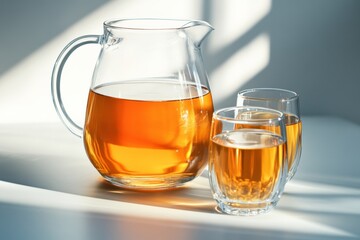 Refreshing Iced Tea in Glass Pitcher with Two Glasses on Sunlit Table, Summer Beverage Concept