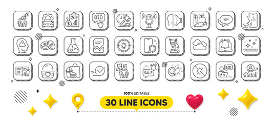 Microphone, Cloudy weather and Ice cream line icons pack. 3d design elements. Reminder, Report, Corrupted file web icon. No sun, Promotion bell, Voicemail pictogram. Vector