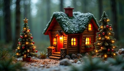 miniature christmas cabin in snowy woods