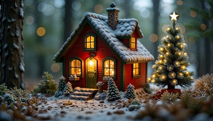 miniature christmas cabin in snowy woods