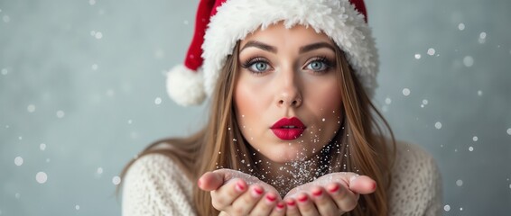 Woman in a Santa hat blowing snowflakes, symbolizing joy and celebration. Captures the essence of...