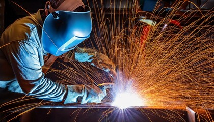 A dynamic image of skilled welders in action, showcasing sparks flying and the intense focus of the professionals as they expertly fuse metal components together in a bright workshop