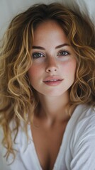 Young woman with curly hair and freckles gazing softly at the camera indoors during daytime