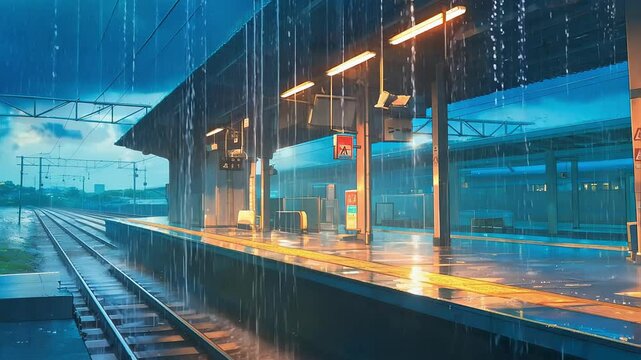 Seamless Looping Anime Rainy Train Station Background Animation