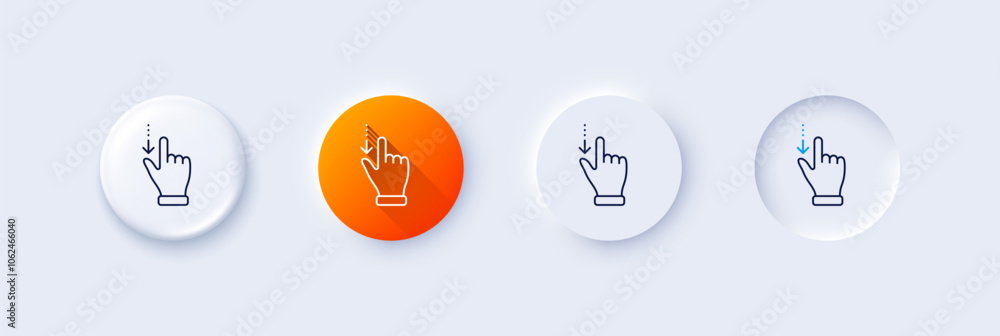 Poster touchscreen gesture line icon. neumorphic, orange gradient, 3d pin buttons. slide down arrow sign. s