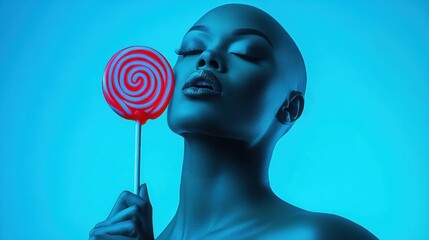 Model with a red lollipop against a blue backdrop, exuding elegance and style, AI
