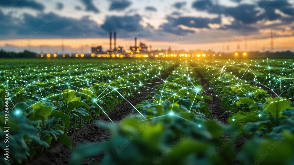 Poster a field of green plants with a network of glowing lines connecting them, with a factory in the backg