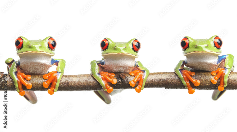 Poster portraits of red-eyed tree frogs resting on branches isolated generative ai