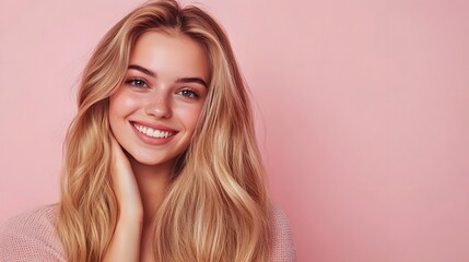 Fototapeta premium Smiling young woman with blonde long groomed hair isolated on pink background