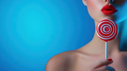 Woman with red lips holding a red and white lollipop against a blue background, AI